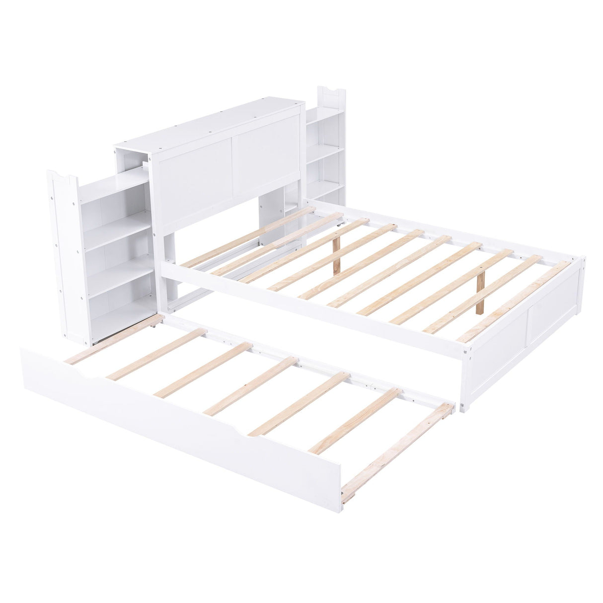 Storage Platform Bed With Pull Out Shelves And Trundle