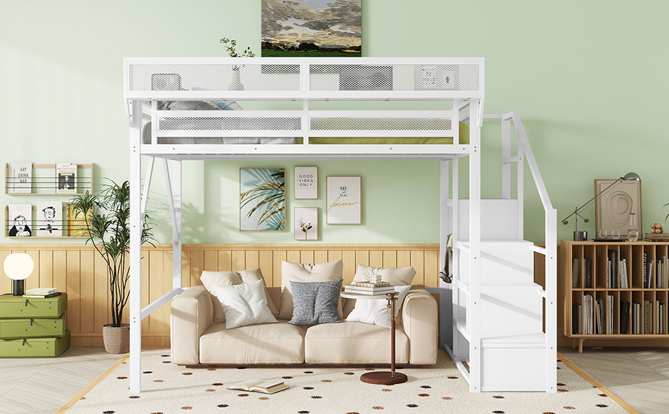 Queen Size Loft Bed with Stairs, Metal Queen Loft Bed with Storage Shelves