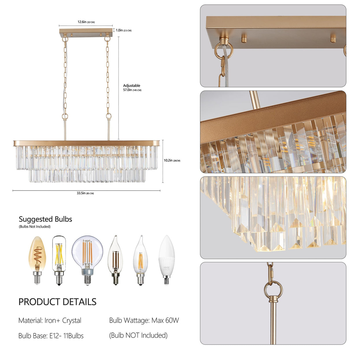 Chandeliers,Rectangular Crystal Chandelier Adjustable,E12 Modern Industrial Crystal Lights,Farmhouse Iron Ceiling Hanging Light for Kitchen Living Room Bedroom/Gold(Bulb Not Included)