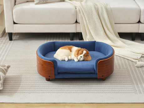 Scandinavian-Style-Elevated-Dog-Bed-Pet-Sofa,-Dark-Blue-Velvet,-Mid-Size-Pet-Bed