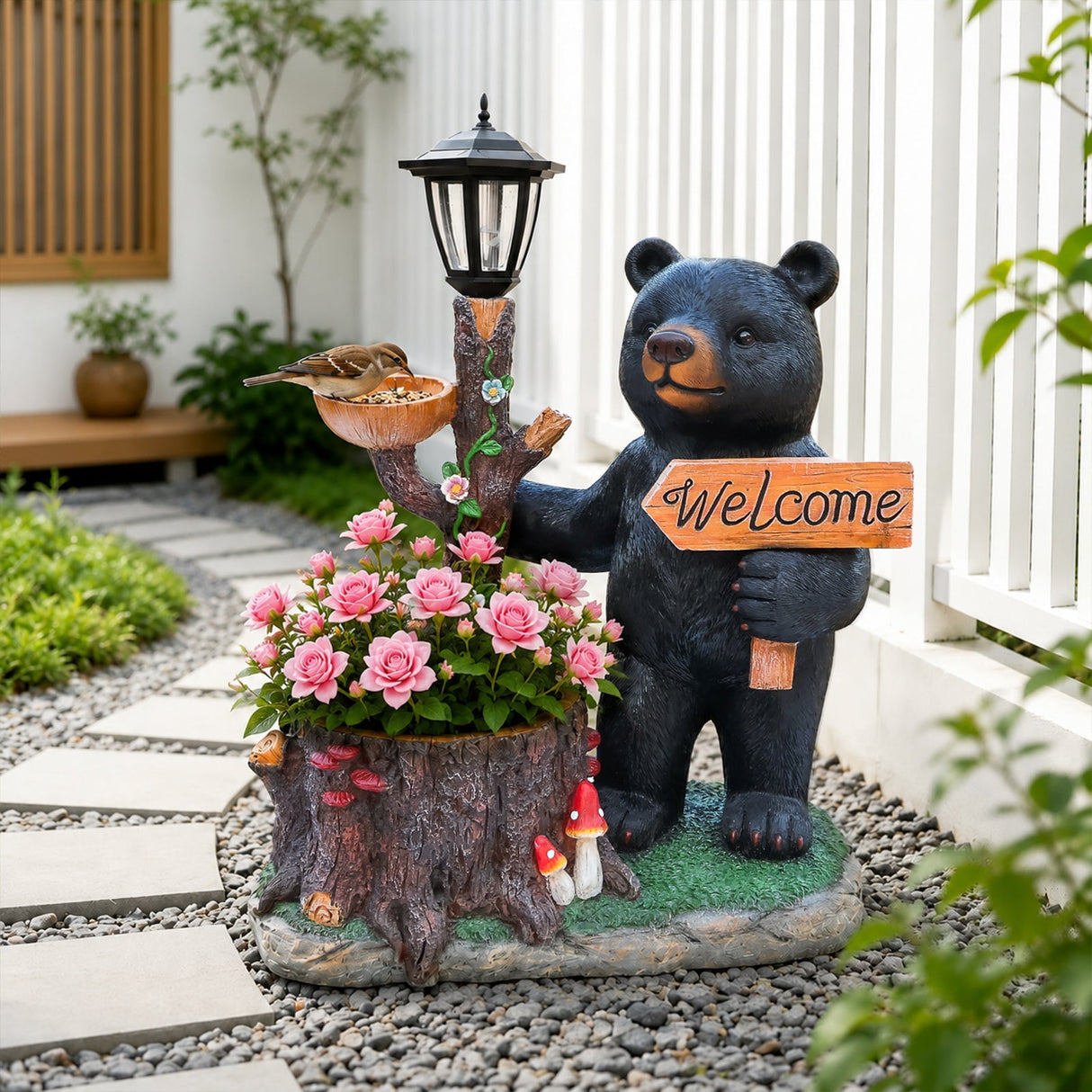 Decorative Standing Black Bear Garden Planter with Solar-Powered Lantern