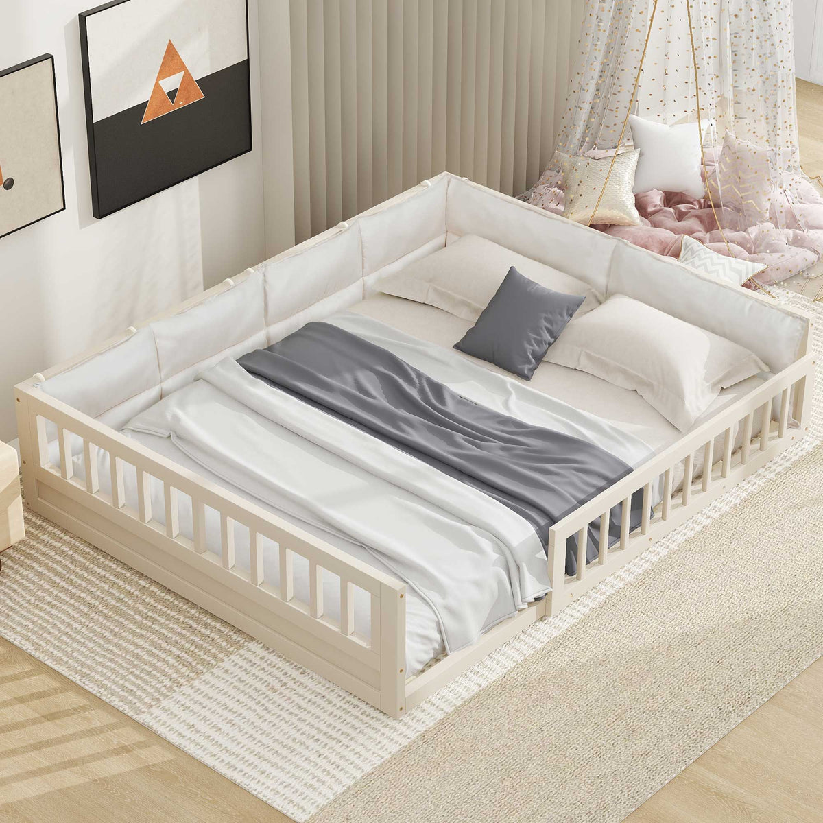 Upholstered Platform Bed With Guardrail And Pillow