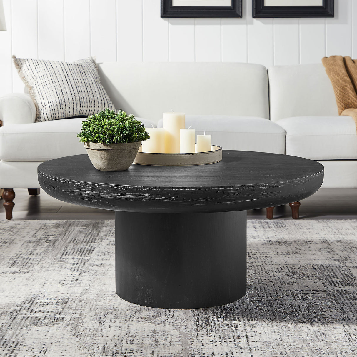 35.98inch Round Coffee Table with Cylindrical Leg, Black