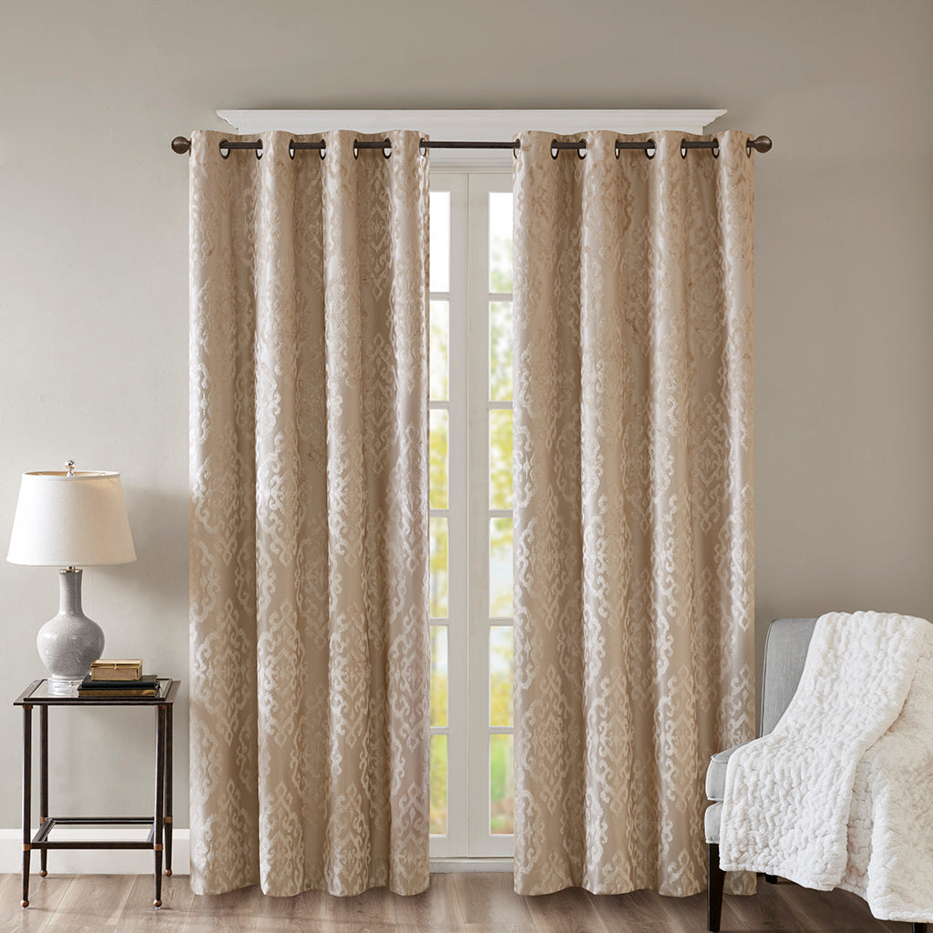 Knitted Jacquard Damask Total Blackout Grommet Top Curtain Panel (Only 1 Pc Panel)