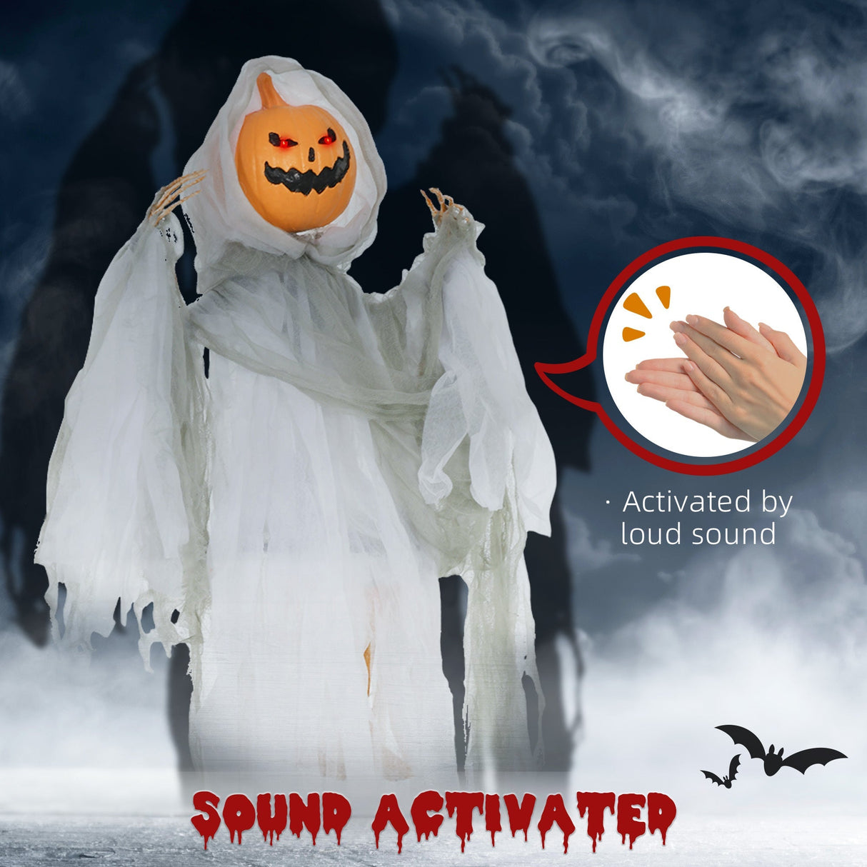 Outdoor Halloween Hanging Pumpkin Ghost with Light-Up Eyes and Sound