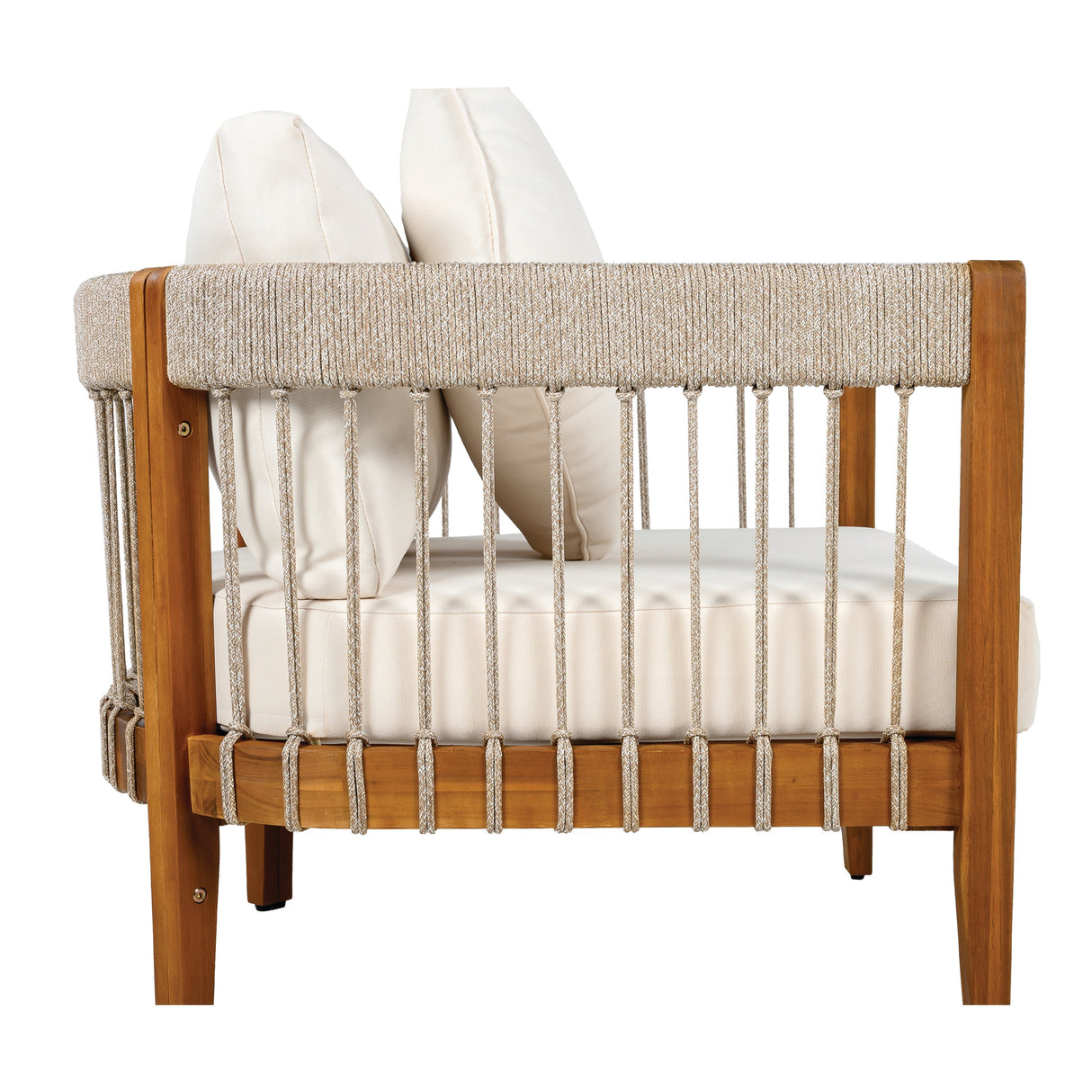 Acacia Wood Outdoor Club Chair with Handwoven Rope Accents and Curved Backrest