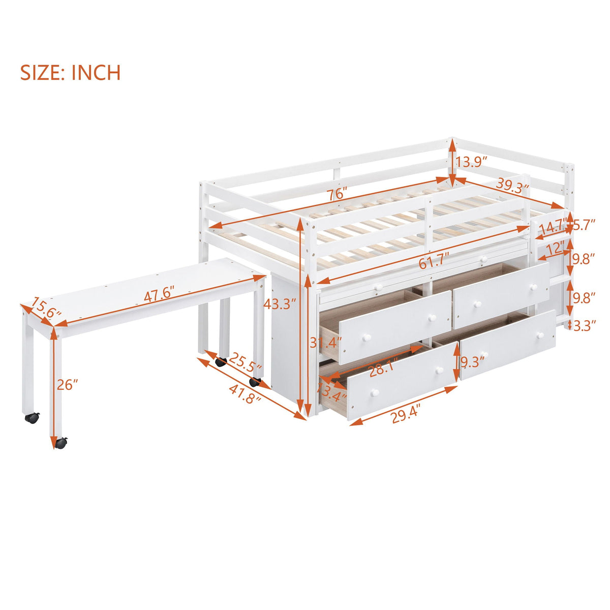 Loft Bed With Retractable Writing Desk And 4 Drawers, With Lateral Portable Desk And Shelves