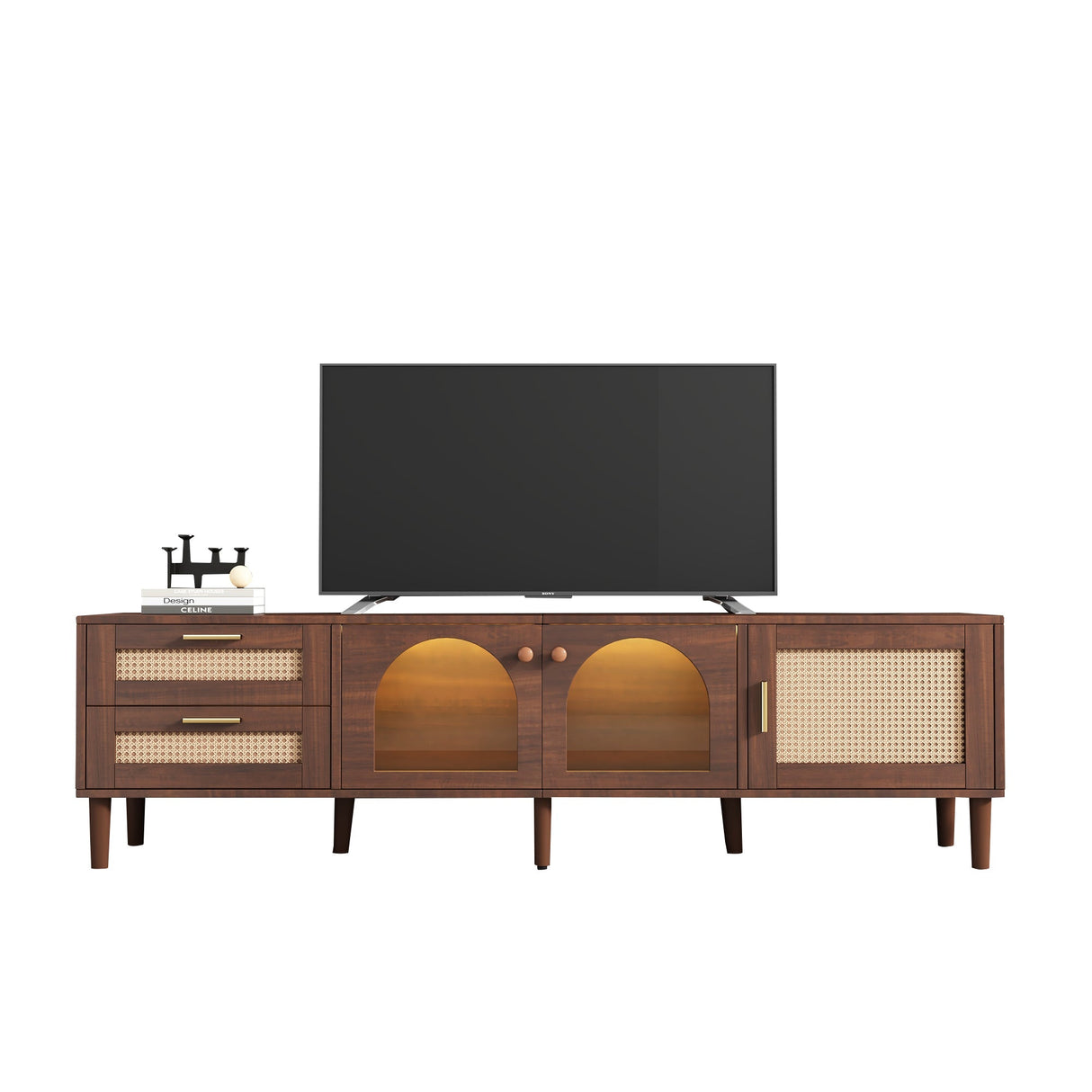 Rattan TV Stand with 3 Cabinets & 2 Drawers