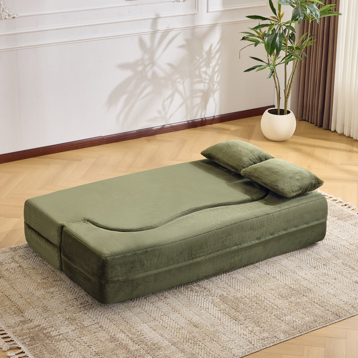 71-Inch Folding Sofa Bed in Green Plush Faux Fur