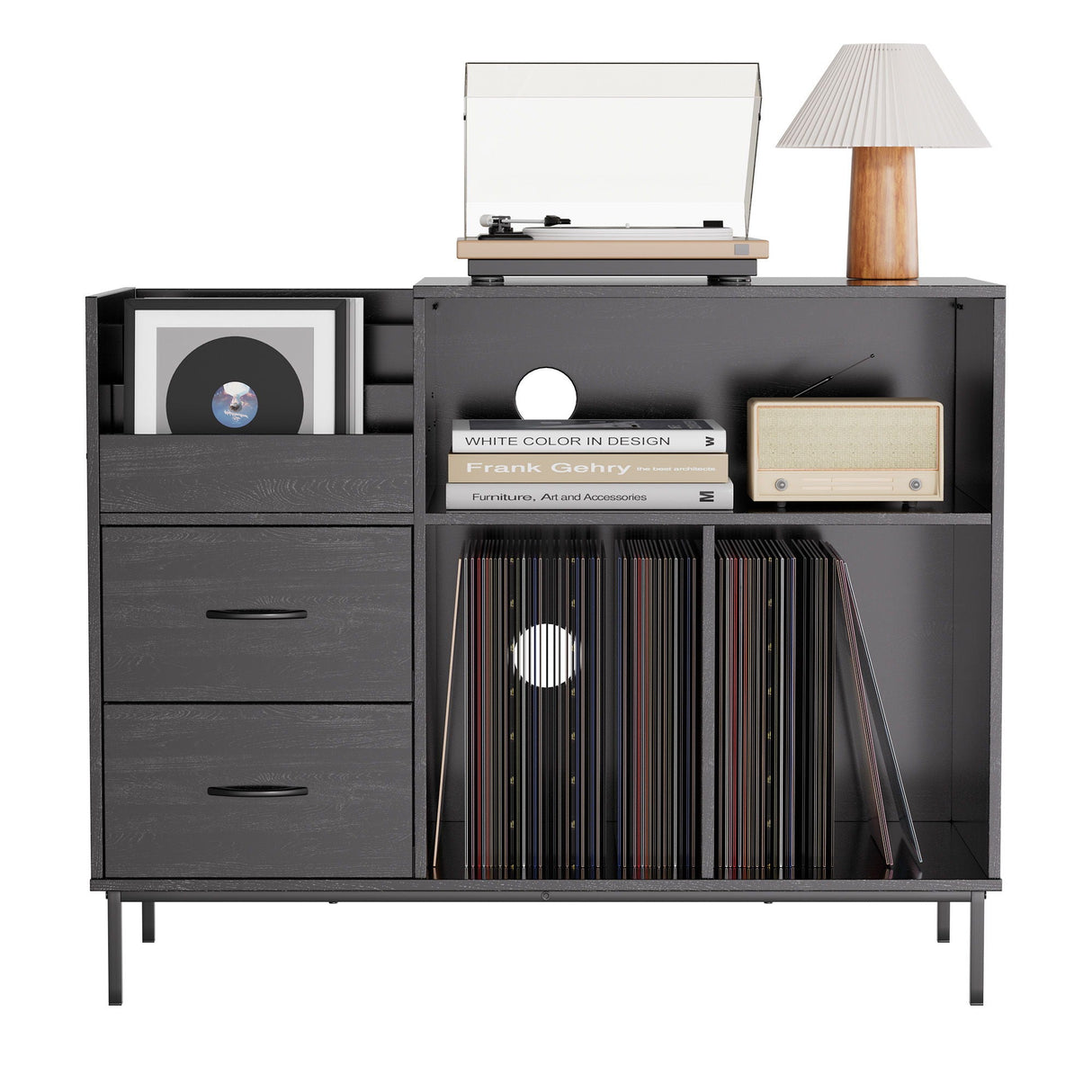 Eco-Friendly Vinyl Record Player Stand With Flip-Top Storage, Media Console With Dual Outlets And Dustproof Drawers