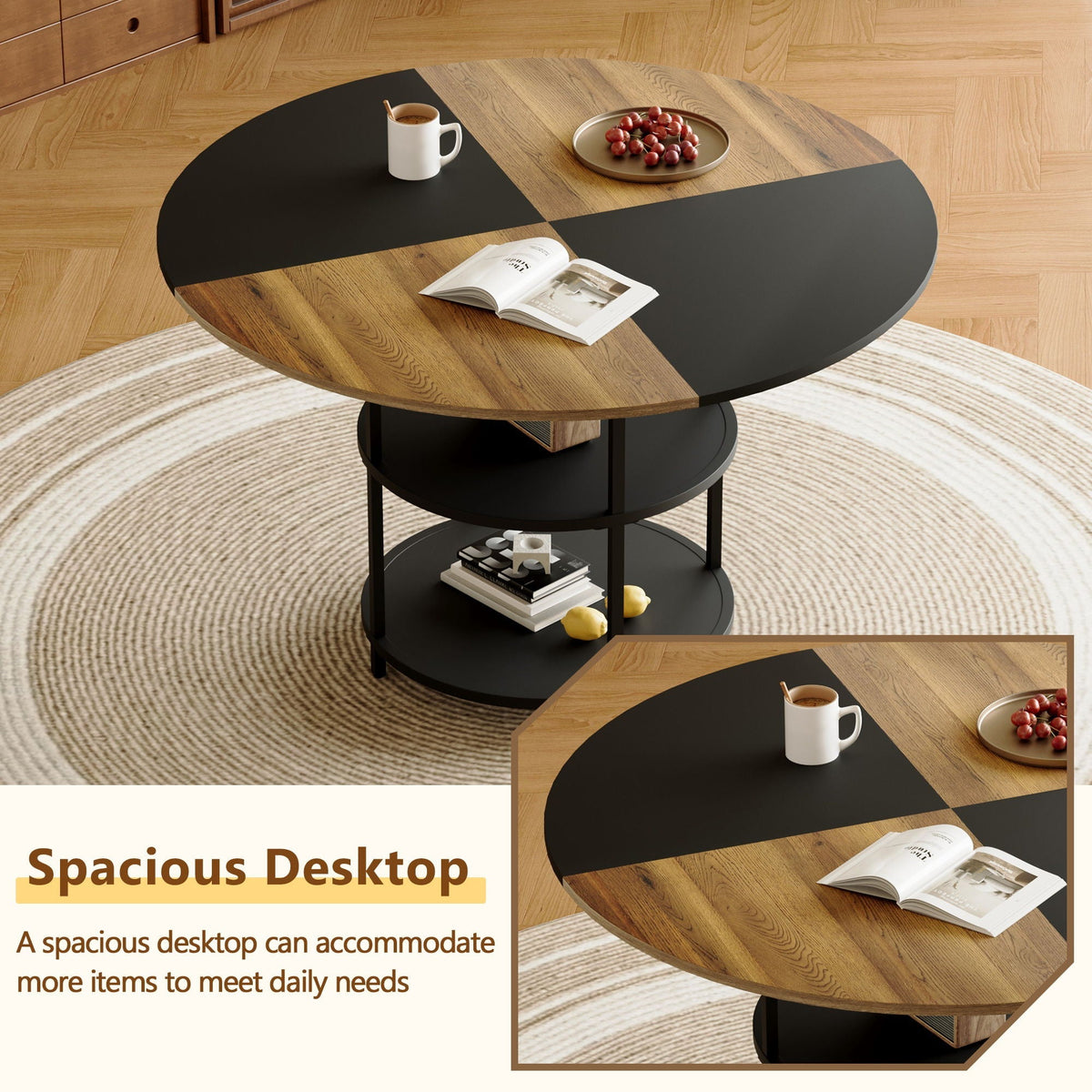 Diameter - Modern Splicing Circular Dining Table Double Layer Storage - Wood / Black