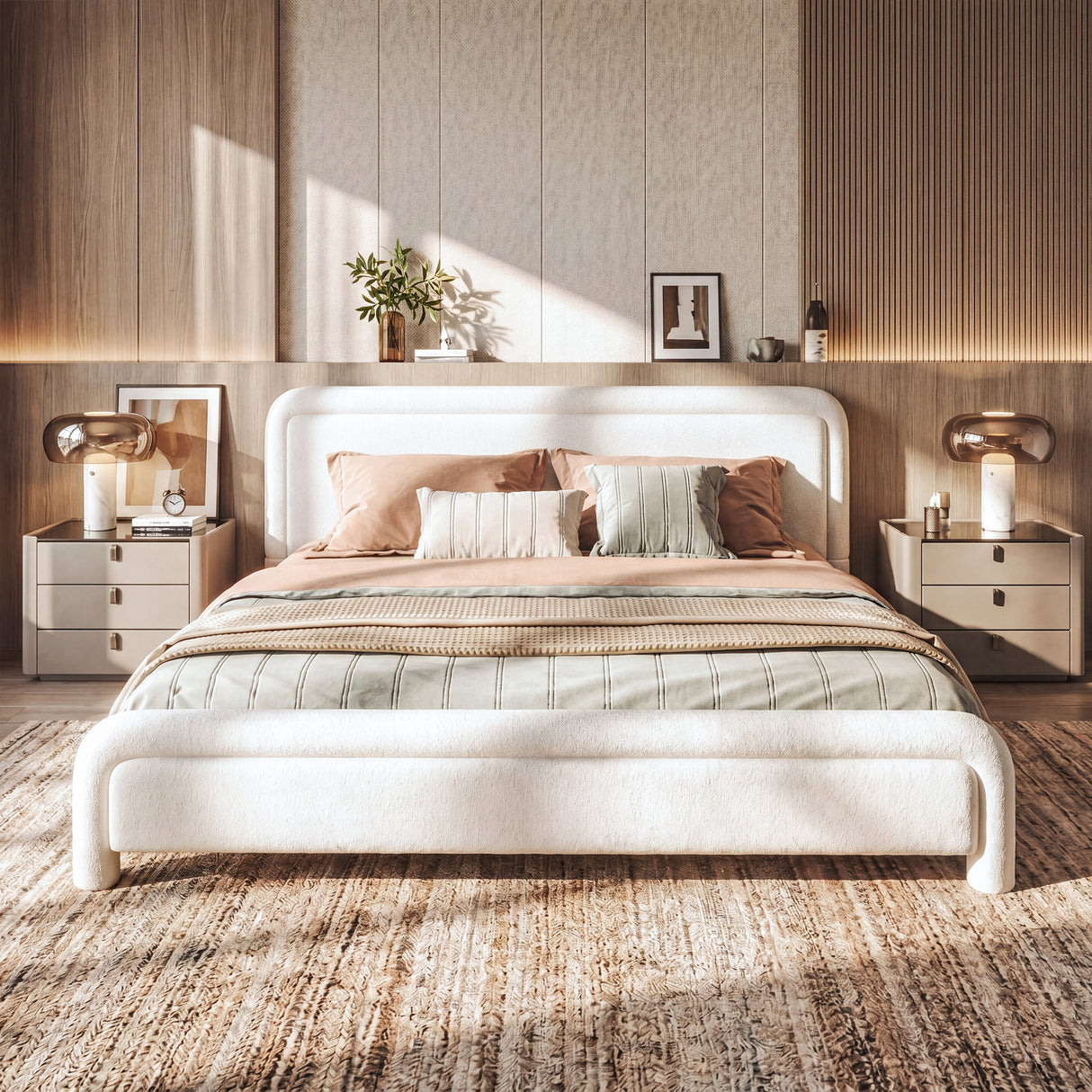 King Size Upholstered Platform Bed Frame with Curved Headboard