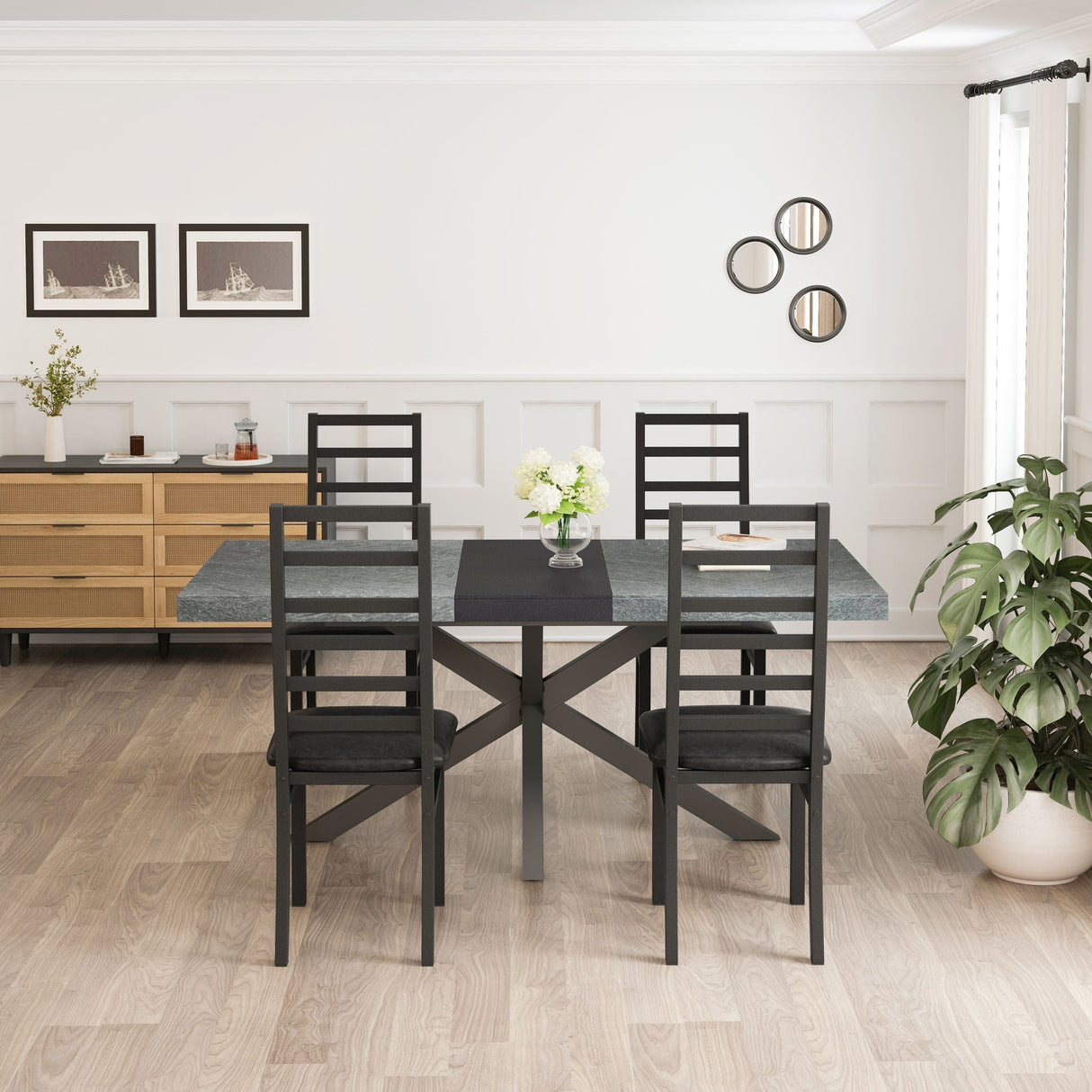 Rectangular Stretch Dining Table With 4 Chairs - Black / Gray