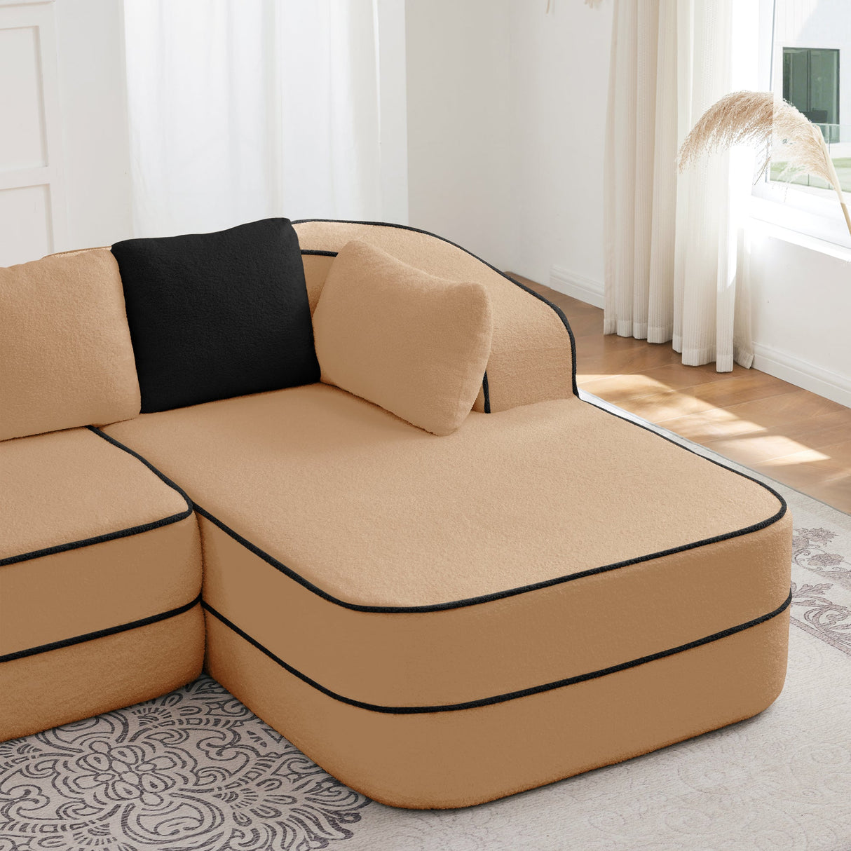 Elysees Right Chaise Sofa W/Pillows Teddy Fabric -Camel