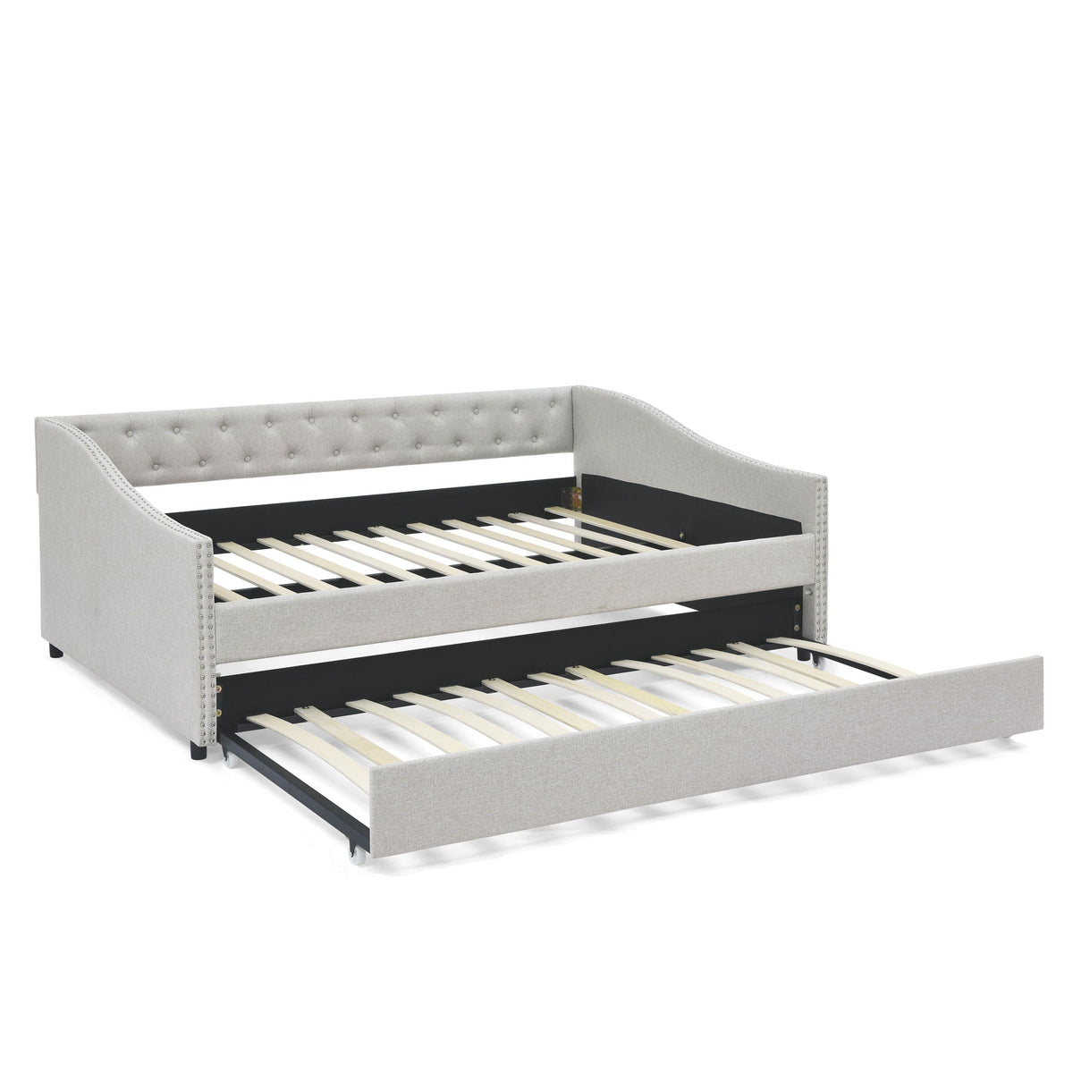 Upholstered Tufted Daybed With Drawers, Waved Arms