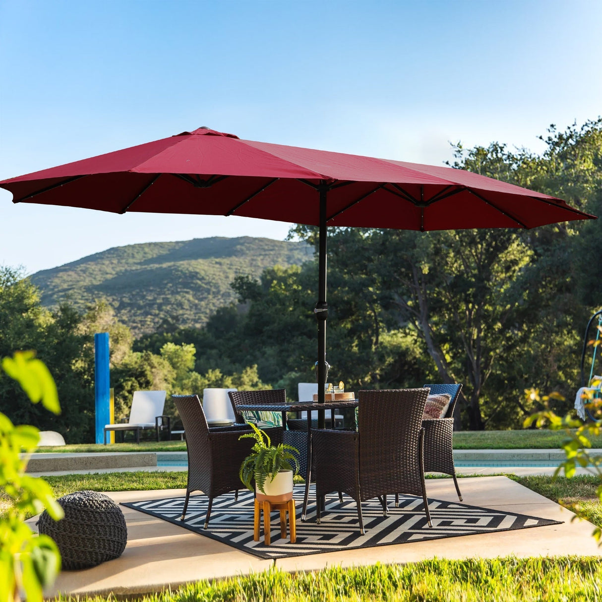 15x9ft Large Double-Sided Rectangular Outdoor Patio Umbrella with Light and Base - Red