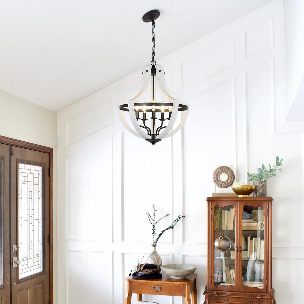 5-Light Farmhouse Chandelier with Dual-Mount Design - White
