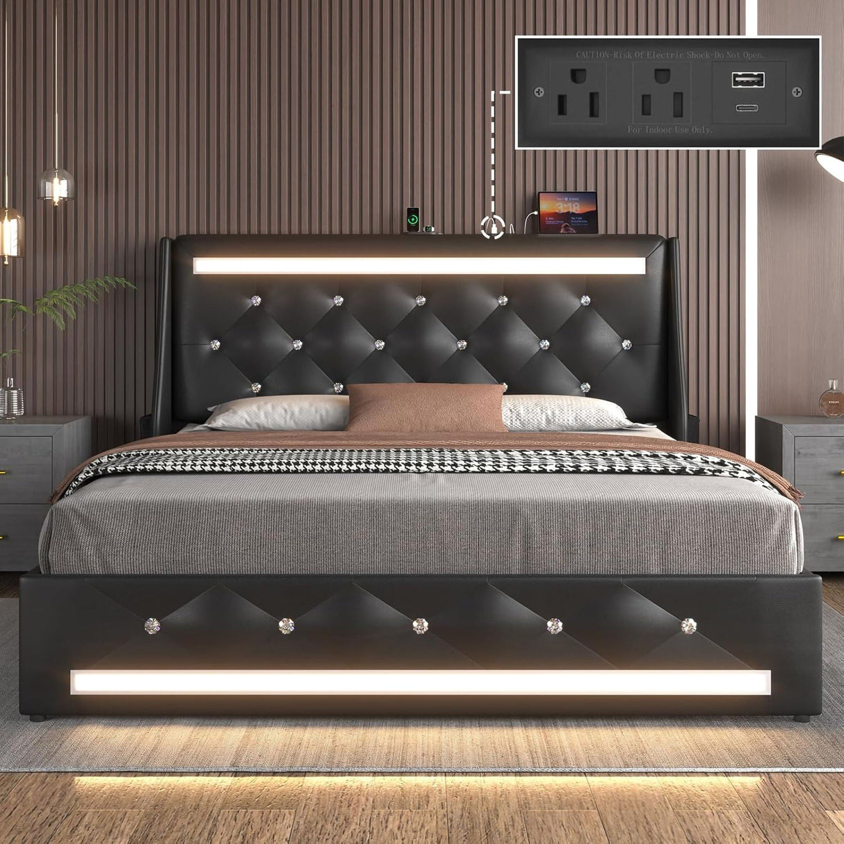 Wingback Upholstered Bed Frame With LED Lights, Charging Station