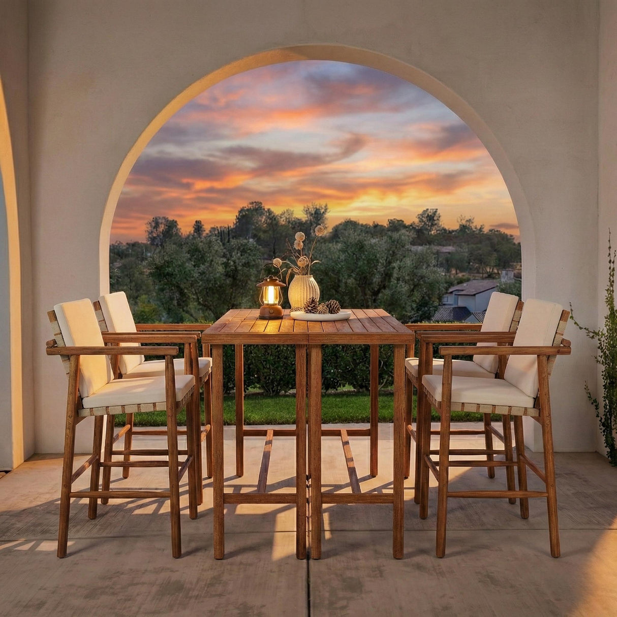 6 Piece Outdoor Bar Set with Acacia Wood Table & Cushioned Stools