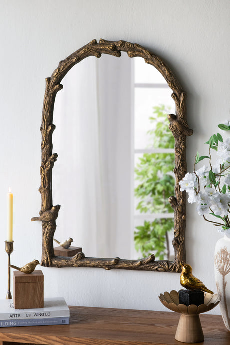 24x1.5x34'-Arched-Magnesian-Wall-Mirror-with-Gold-Botanical-and-Bird-Motifs-Mirrors