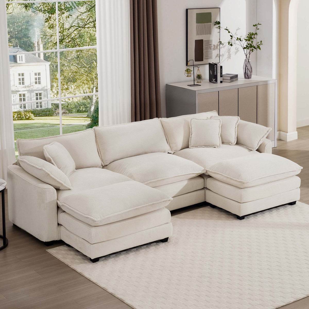 Modern Modular Cushion Sofa Set with Ottoman - Fabric, Multiple Colors