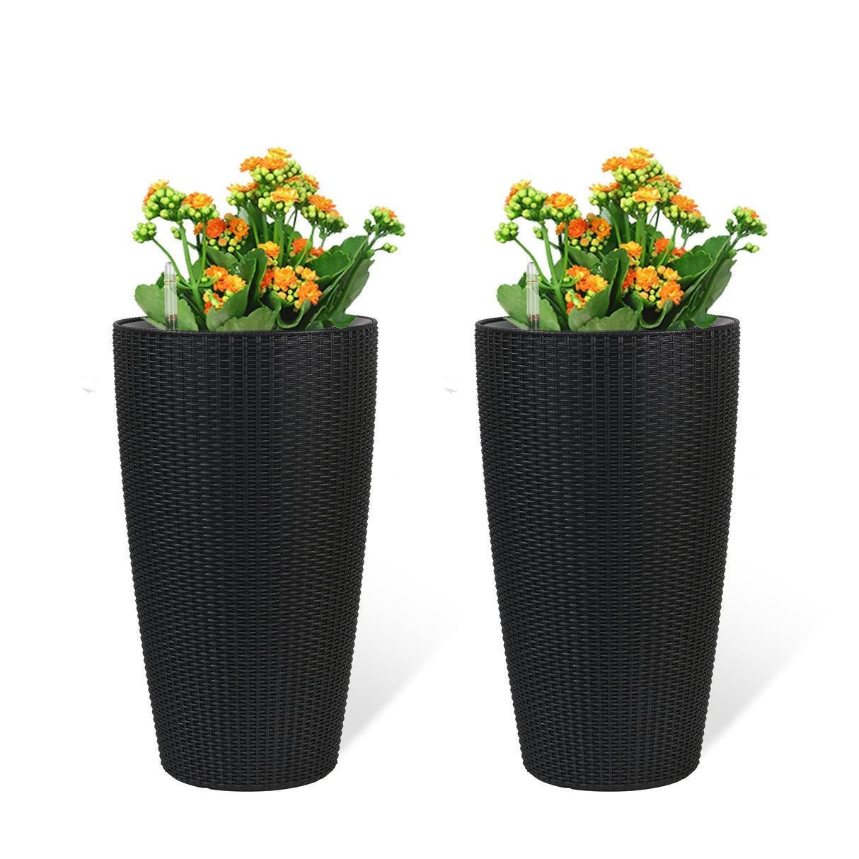 Set of 2 Faux Rattan Tall Planters with Automatic Watering System