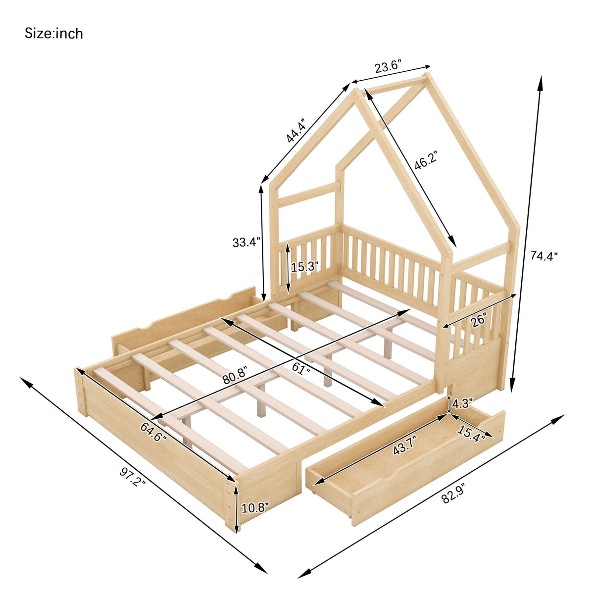 Queen Storage Platform Bed with Guardrail and 2 Drawers - White or Light Brown