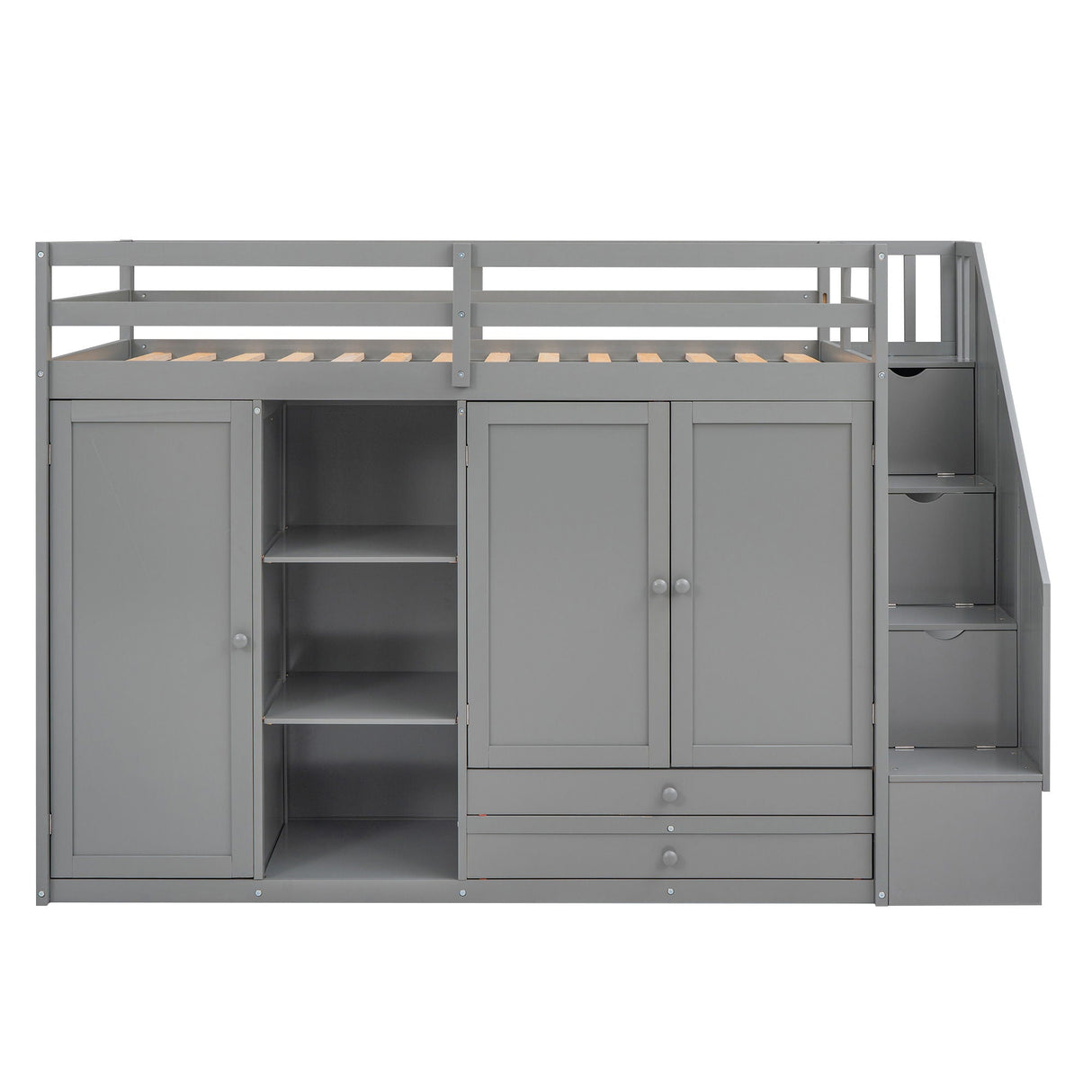 Loft Bed With 3 Shelves, 2 Wardrobes, 2 Drawers, Ladder Storage