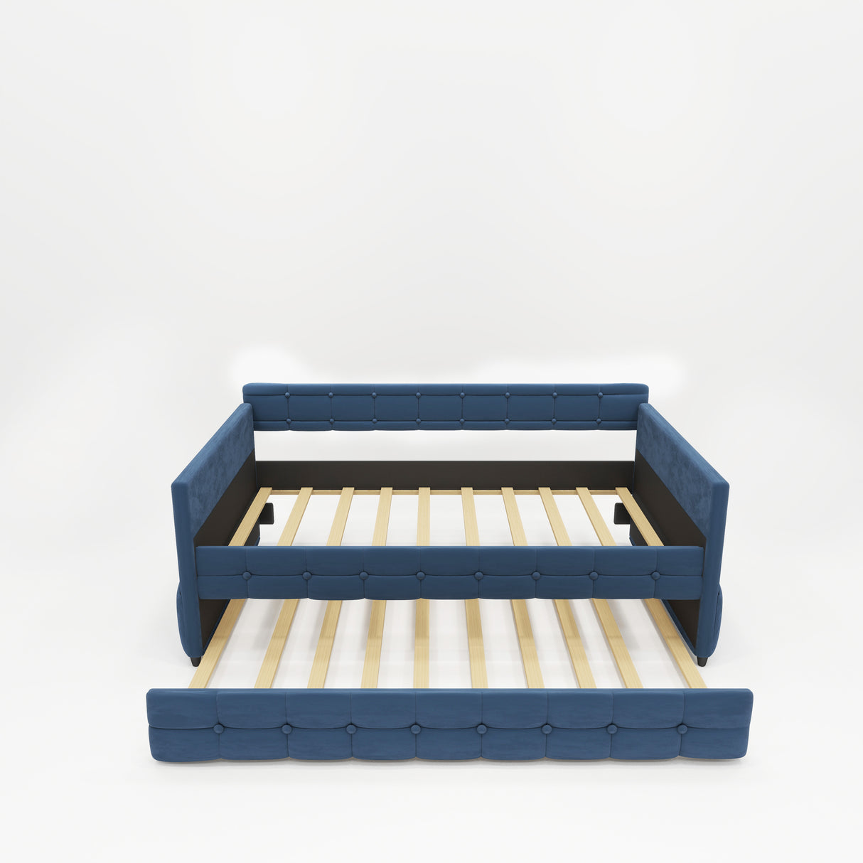 Blue-Upholstered-Twin-Size-Daybed-with-Trundle-Velvet-Fabric-No-Box-Spring-Required-
