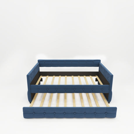 Blue-Upholstered-Twin-Size-Daybed-with-Trundle-Velvet-Fabric-No-Box-Spring-Required-