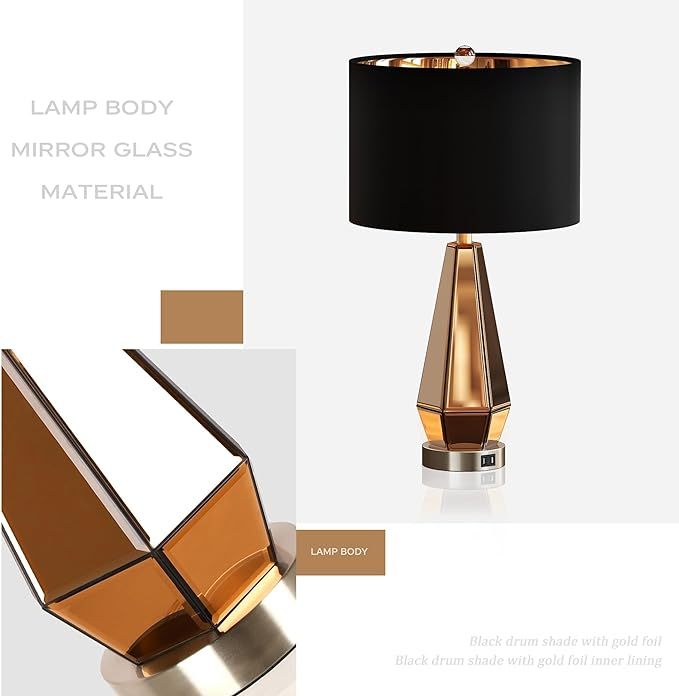 Set of 2 Mirrored Glass Bedside Table Lamps with 2 USB Ports