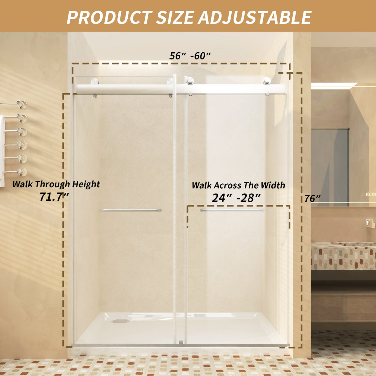 Frameless Sliding Glass Shower Doors 56-60" Width x 76" Height