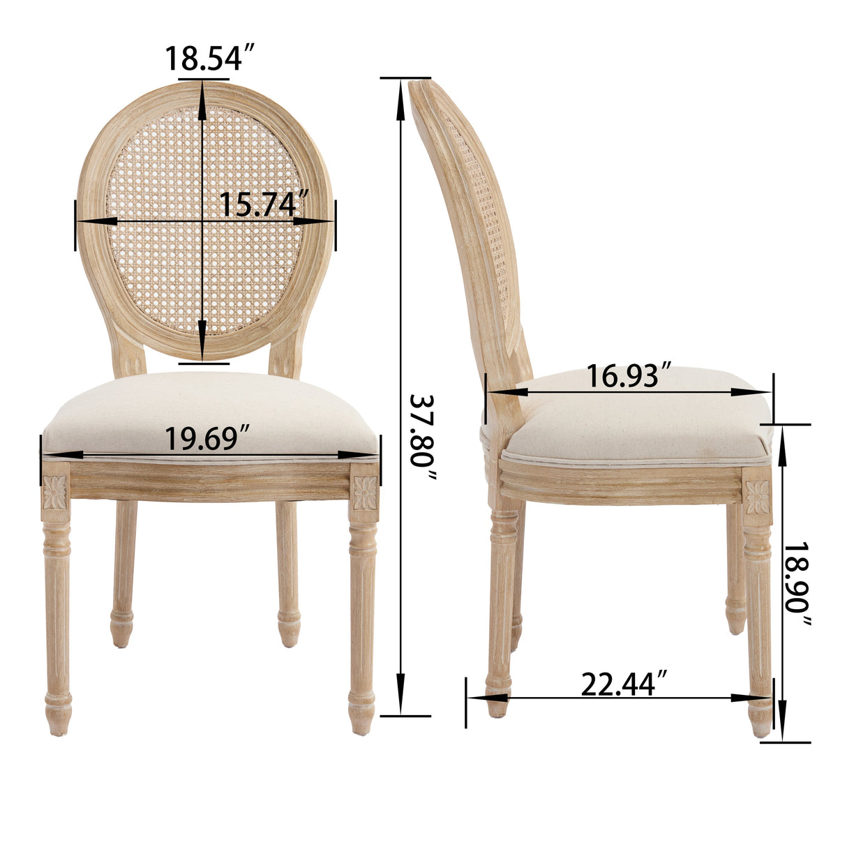 French Country Dining Chairs Set of 2 Upholstered with Rattan Back