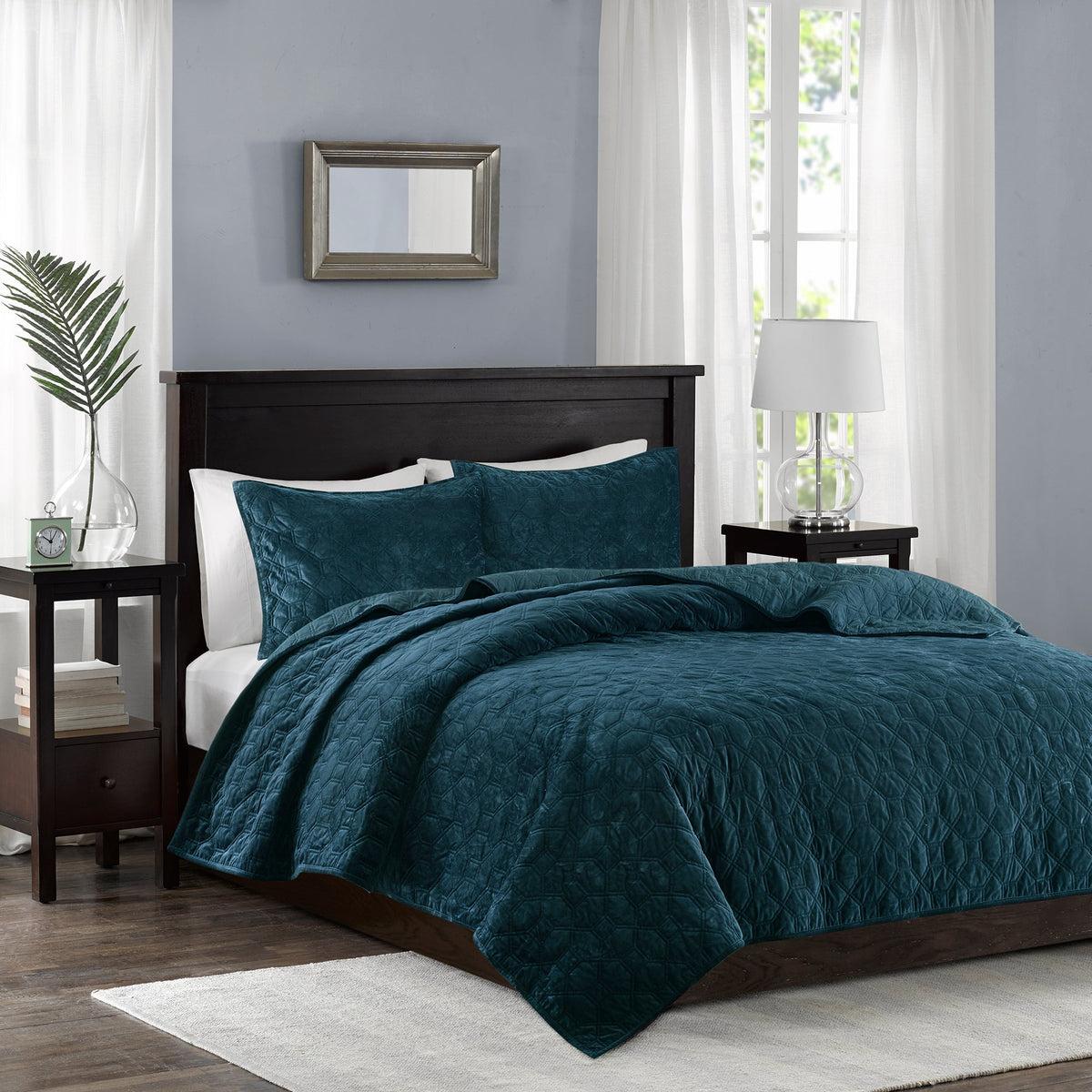 3 Piece Velvet Quilt Set Teal Full/Queen