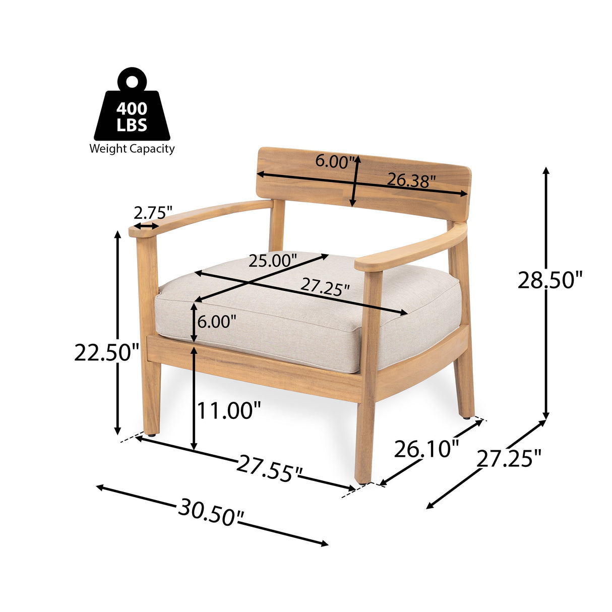 Mallorca Acacia Wood Club Chair with Seat Cushion