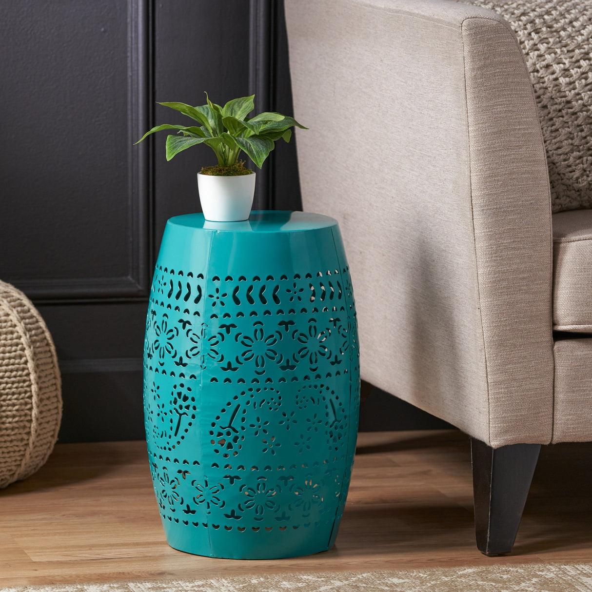 12' Outdoor Lace-Cut Side Table, Teal