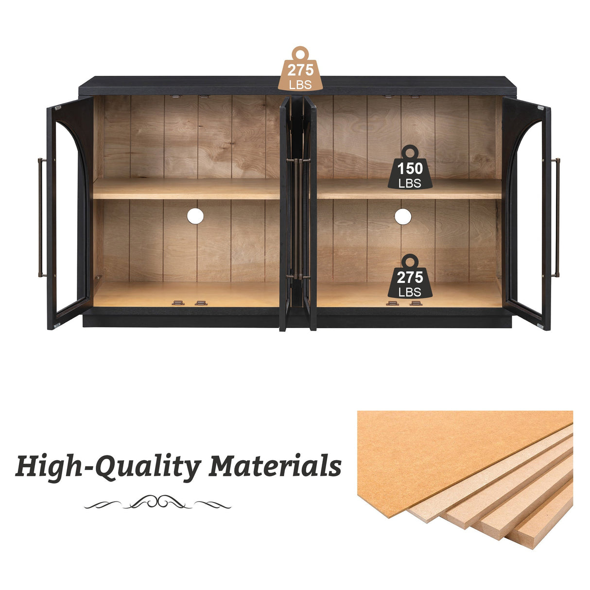 4-Door Large Storage Sideboard Buffet Cabinet with Glass Doors (Black)