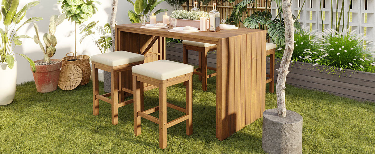 5 Piece Outdoor Bar Set with Acacia Wood Table and Cushioned Stools