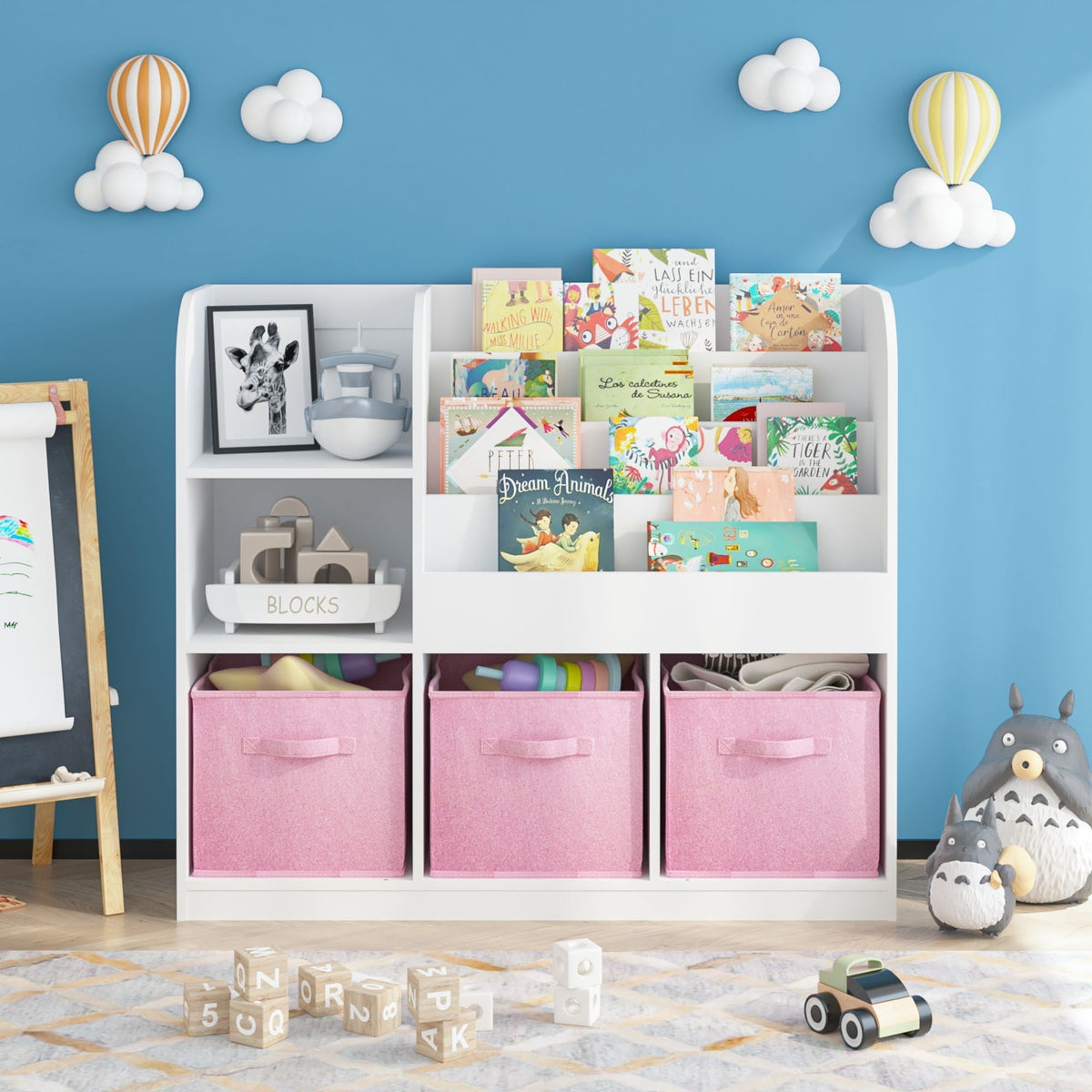 Bookcase and Bookshelf with 3 Collapsible Drawers - Pink or Dark Gray