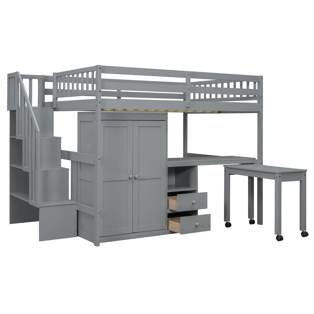 Loft Bed With Stairs, Bookshelf, Drawers, Desk & Wardrobe, Space Saving Multifunctional Furniture
