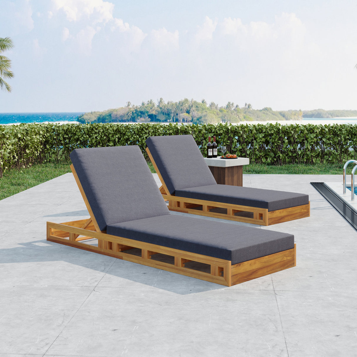 Lounge Chaise Set - Acacia Wood with Water-Resistant Cushions