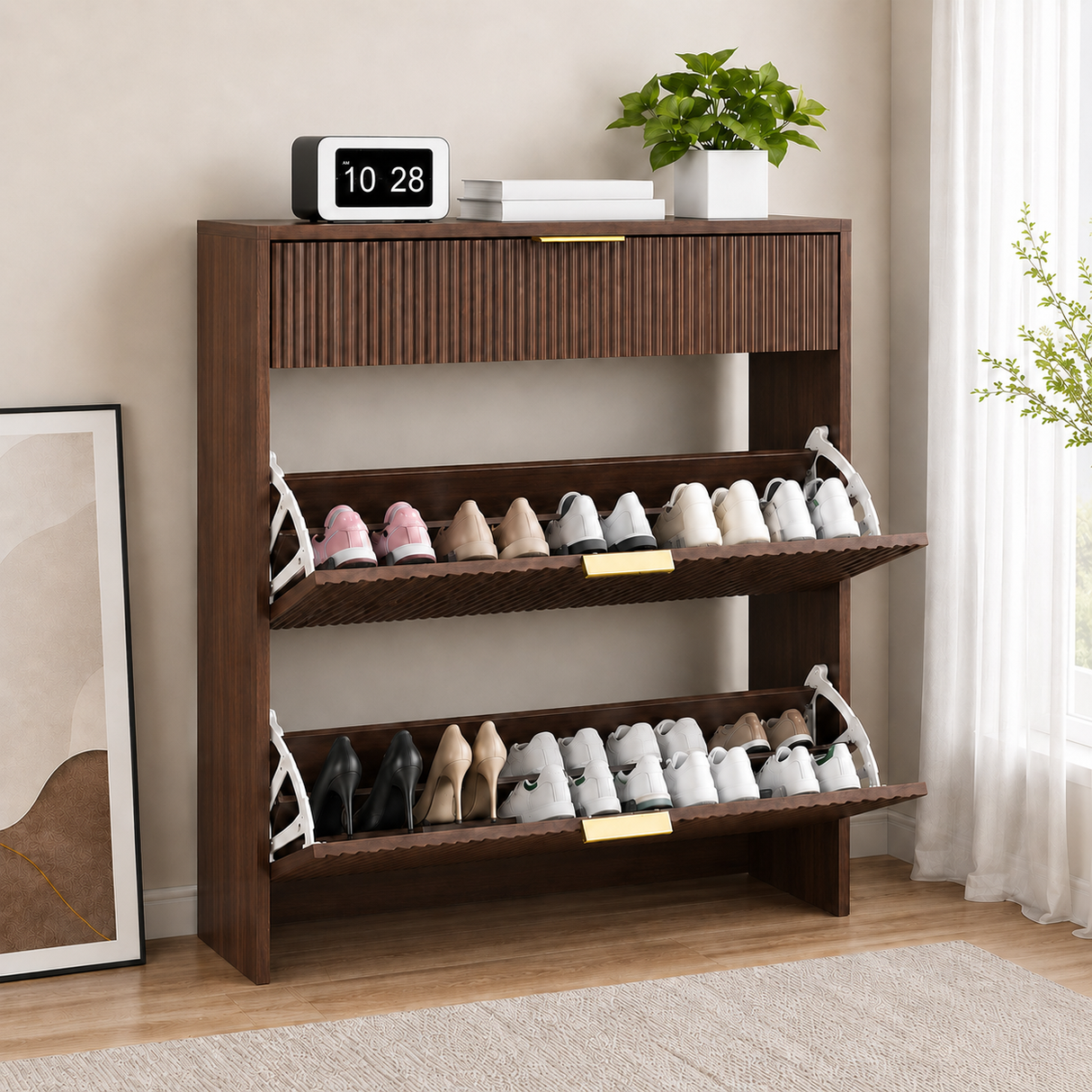 Narrow Fluted Shoe Storage Cabinet for Entryway