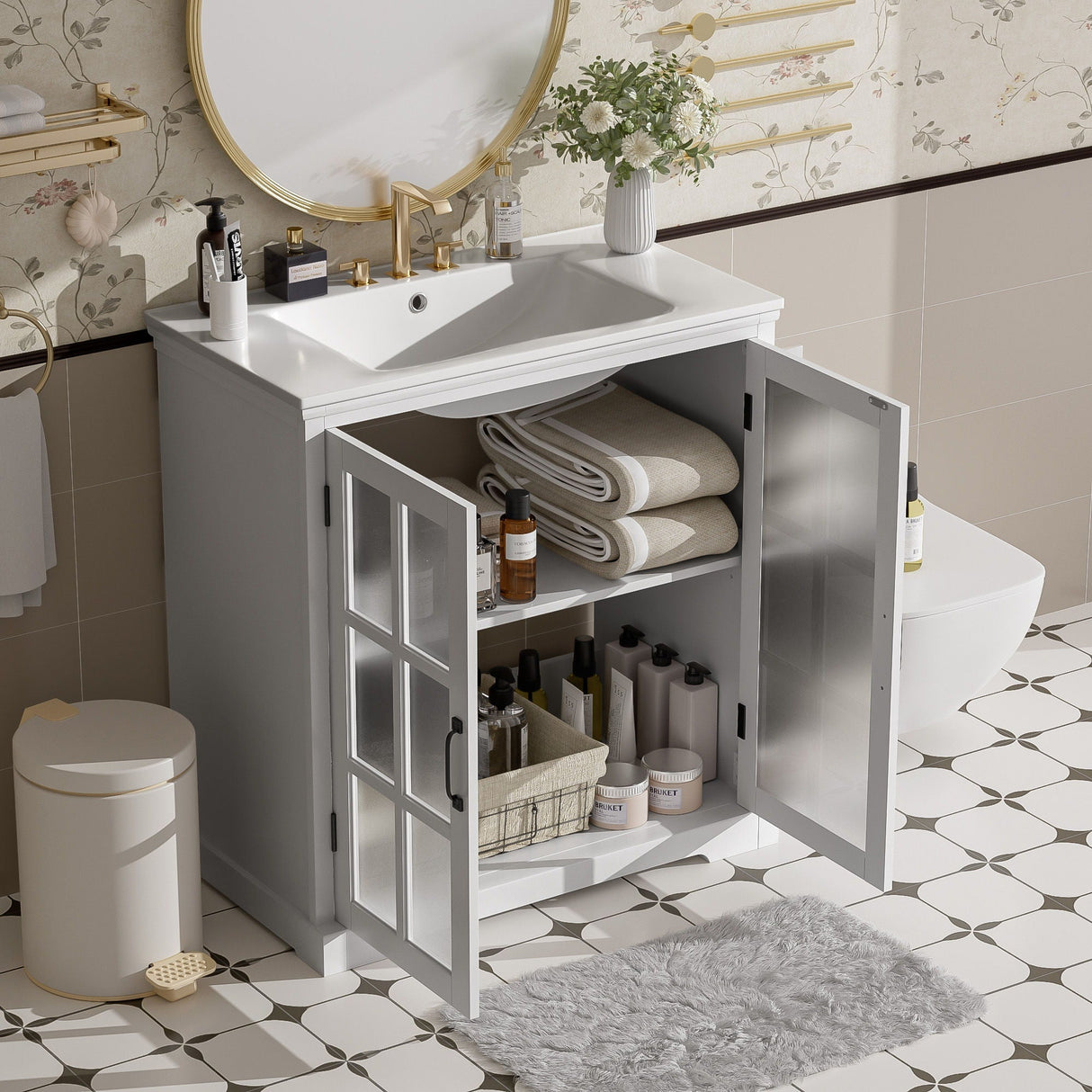 Modern Bathroom Vanity with Ceramic Sink and Tempered Blurred Glass Doors