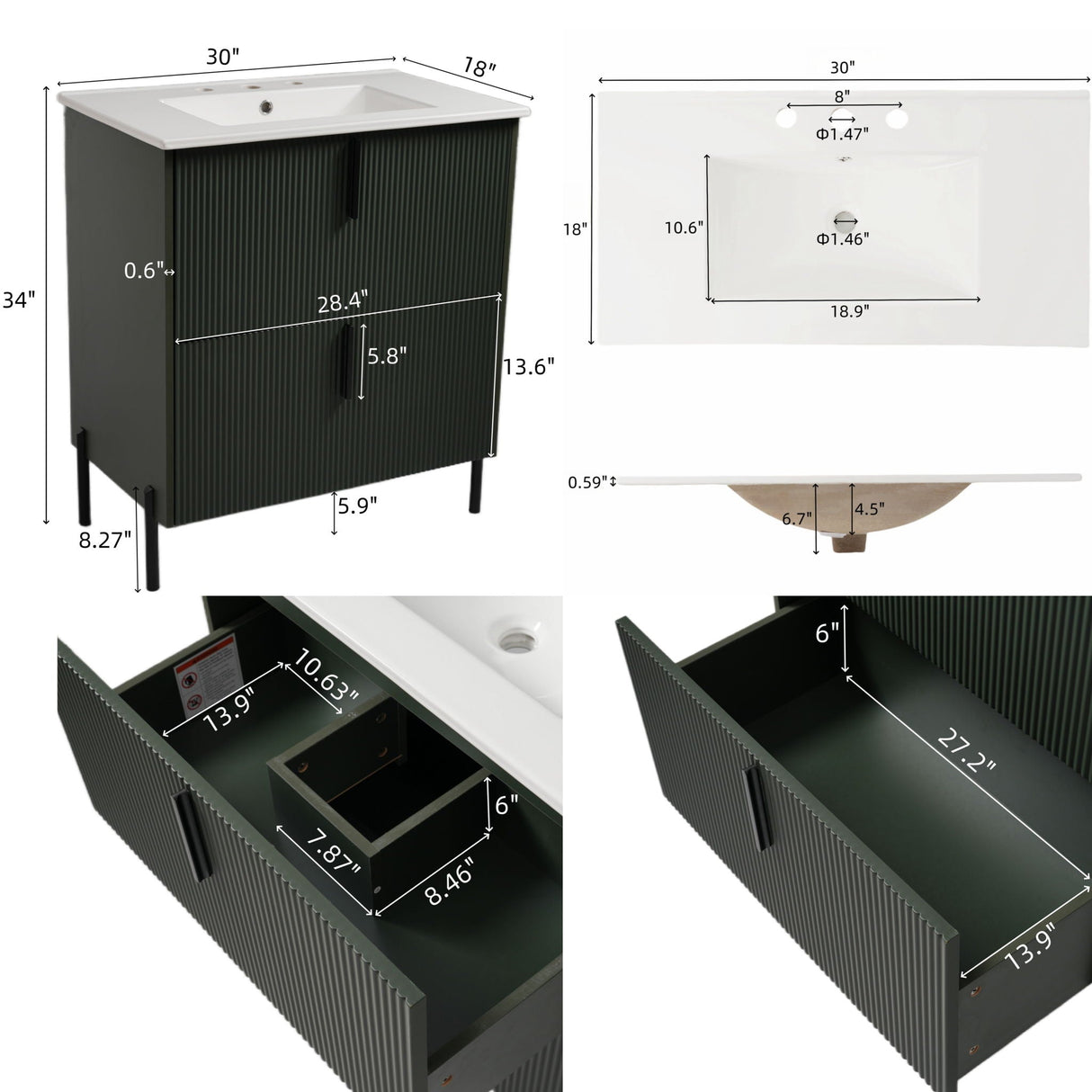 Bathroom Vanity With Ceramic Sink, Fluted Design