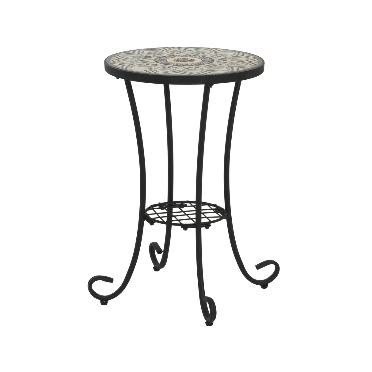 Ceramic Tile and Iron Patio Side Table with Shelf, Brown and Black