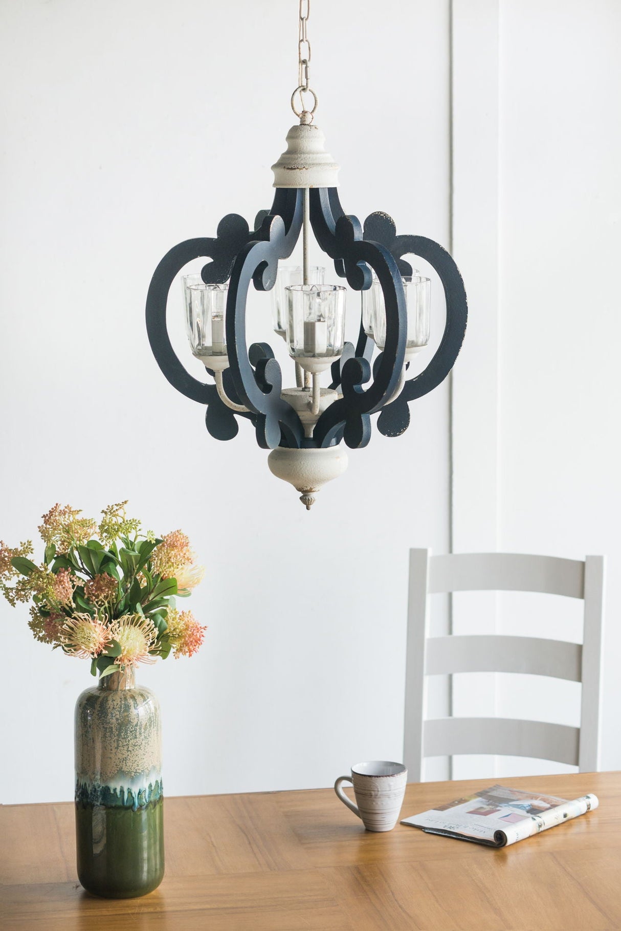 Wood Chandelier 6 Light Farmhouse Pendant Lighting Wood Hanging Light Fixture For Kitchen Living Dining Room, Bulb Not Included - Cream