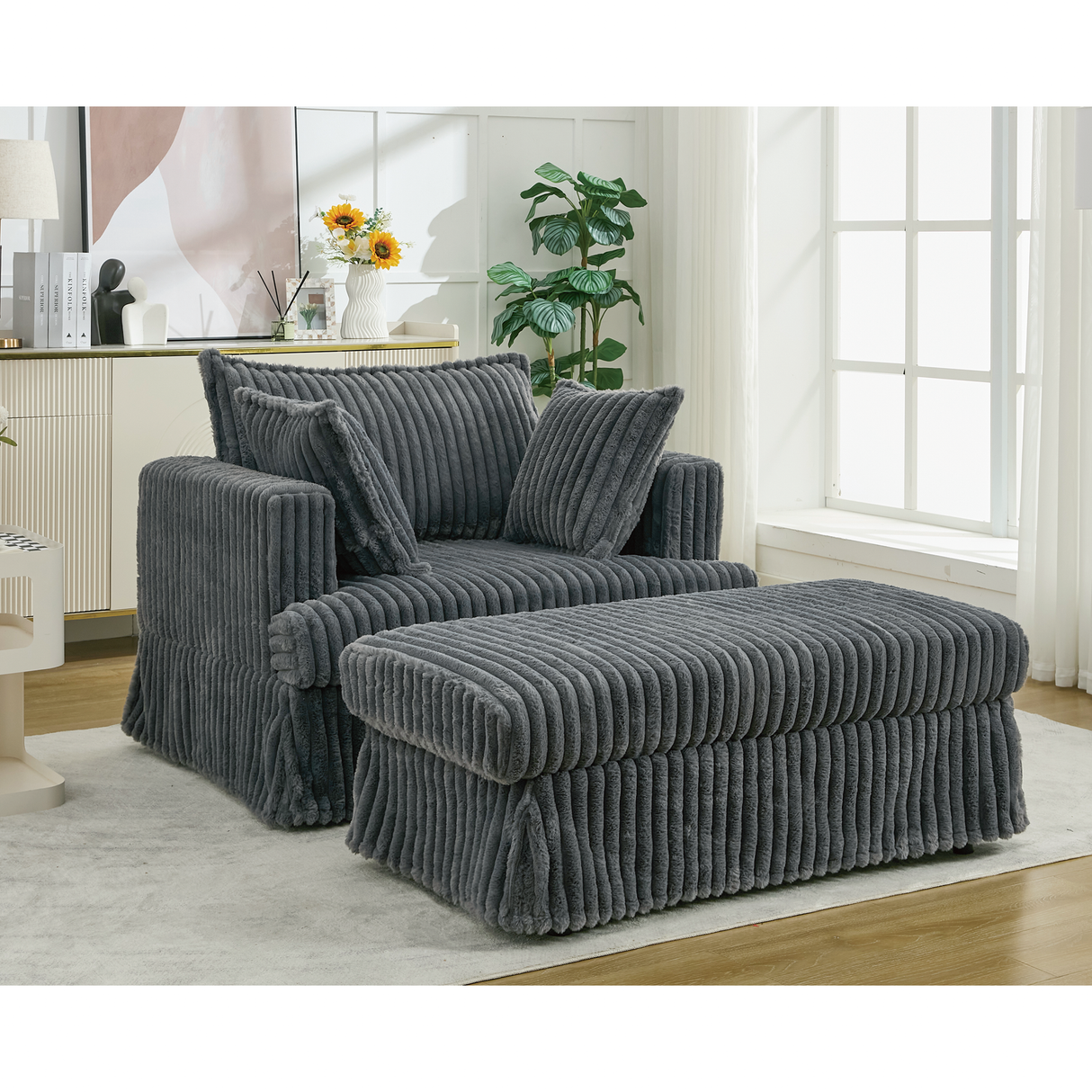Oversized Corduroy Chaise Lounge with Ottoman in Dark Gray