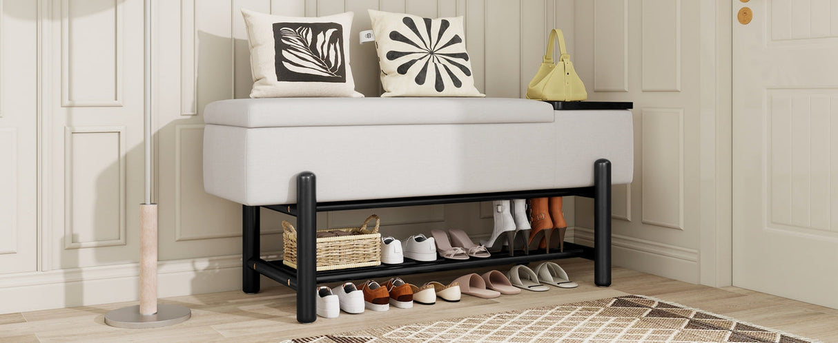 TREXM Farmhouse Upholstered Storage Bench with Hidden Compartment