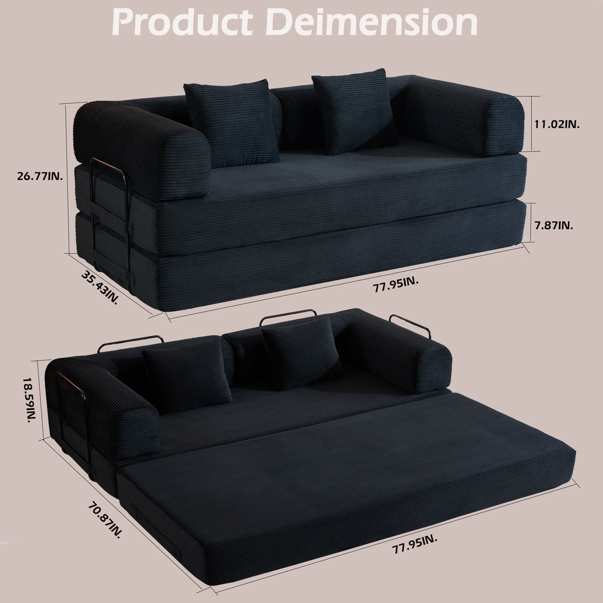 Convertible Sleeper Sofa Bed with Fixed Shape Frame and Cylindrical Pillow - Fabric