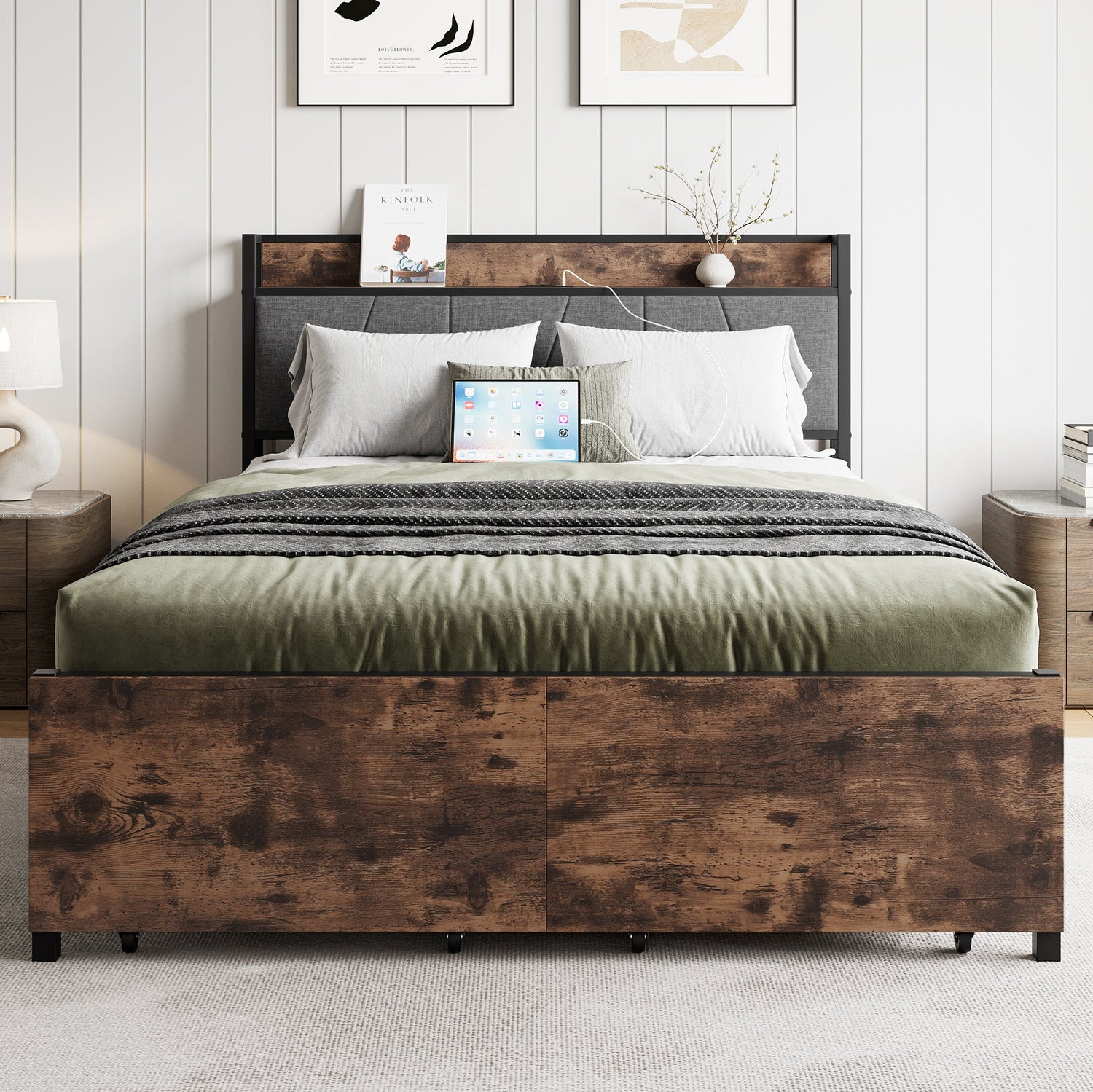 Upholstered-Platform-Bed-with-Storage-&-Charging-Station-Vintage-Brown-and-Gray-Beds-&-Bed-Frames